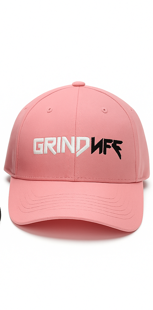 Black and pink caps with 'GRIND WIFE' text on a white background